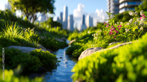 Sustainable Stormwater Flow Through Lush Green Pockets in Modern Urban Cityscape