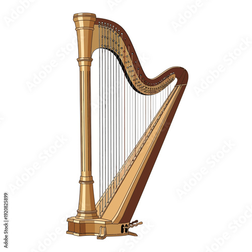 A golden harp with strings on a white background.