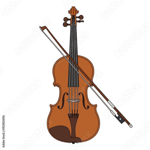 Illustration of a violin and bow on a white background.