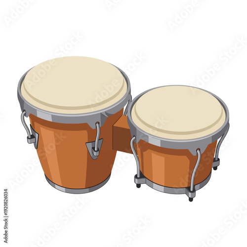 Pair of orange bongo drums with beige drumheads and metal hardware.
