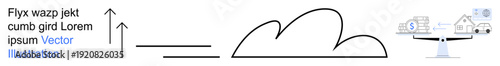 Home budgeting, real estate investments, financial planning, cost assessment, cloud services, economic analysis. Balance scale with house and money, cloud and growth graph elements. Home budgeting