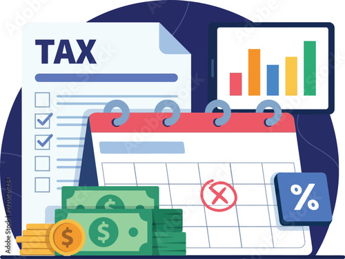 Essential tax preparation elements including money, forms, and important deadlines illustrated