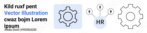 Gear icon in blue and black accompanied by HR node with arrows pointing outward. Ideal for teamwork, human resources, workflow, management, strategy, innovation, simple landing page