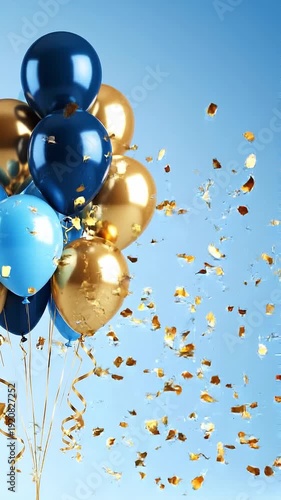 A clean, elegant celebratory scene featuring a cluster of floating balloons in shades of navy blue, soft blue, and metallic gold, arranged on the left side of the frame. The balloons have glossy
