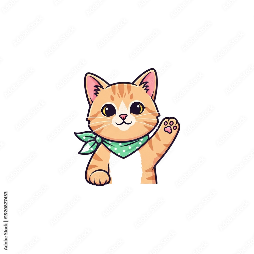 Obraz premium Adorable cartoon orange tabby cat with a green polka-dot bandana waving its paw in a friendly manner on a clean background