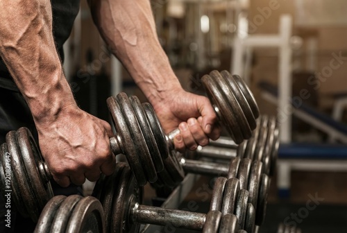 A close-up shot of a muscular man's strong, veiny hands grabbing heavy dumbbells from a rack in a gym.