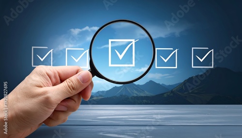 Hand holding magnifying glass over checkmarks against mountain backdrop