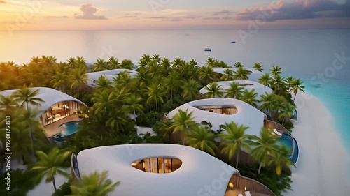 Aerial view of modern beach villas surrounded by lush palm trees at sunset, serene ocean backdrop