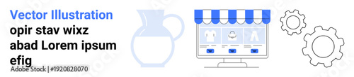 E-commerce, online stores, digital marketing, retail technology, process optimization, web design. Graphical storefront, gear icons and a pitcher. Online stores and retail technology