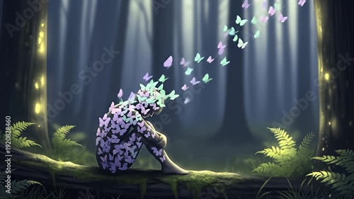 A serene forest scene featuring a figure adorned with colorful butterflies, symbolizing transformation