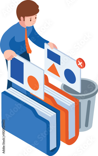 Isometric vector illustration of a man deleting files from digital document folders into a trash can.