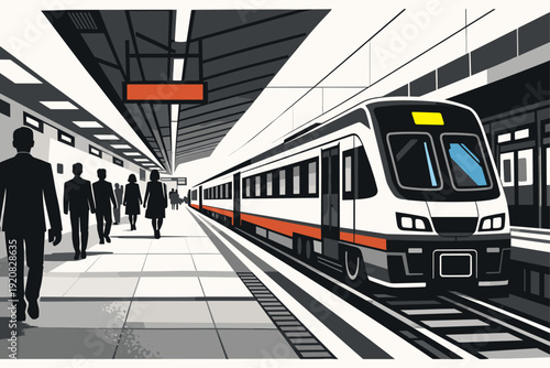 Modern Train at Underground Station. Modern passenger train arriving at underground metro station.