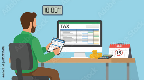 Man completes digital tax return preparation on tablet near computer and deadline calendar