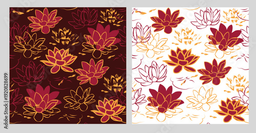 Seamless lotus flower pattern in red and gold tones  on dark and light backgrounds