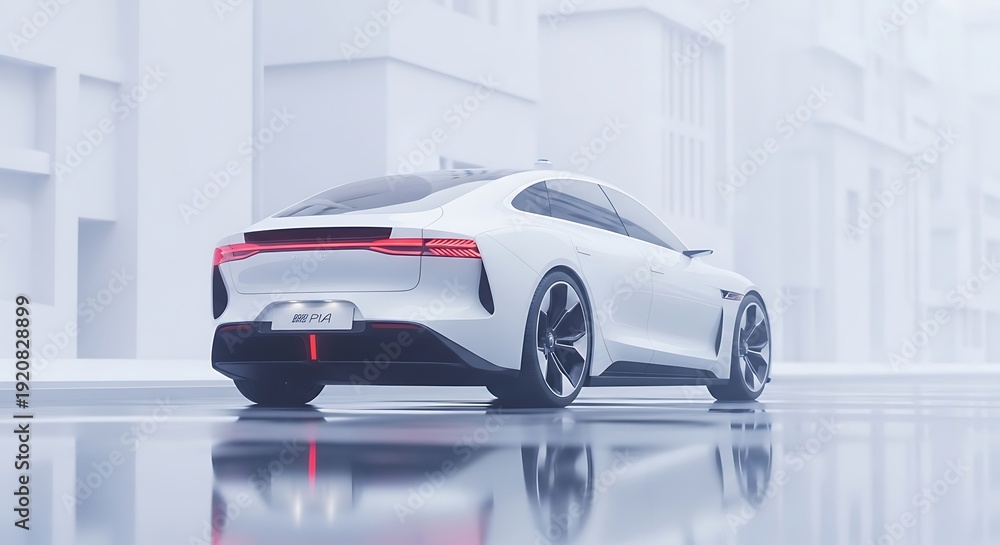 Fototapeta premium Sleek, white futuristic car on a wet street against a minimalist, foggy cityscape