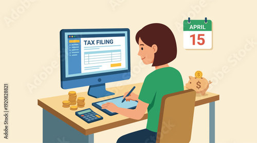 Vector Graphic Illustration of a Woman Filing Her Taxes Online Using Computer and Tablet