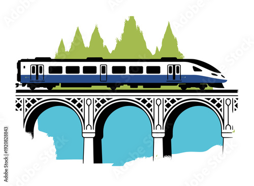 High-Speed Train on Railway Bridge. Modern high-speed train crossing arched railway bridge.