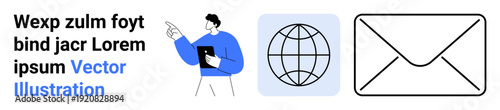 Digital communication, globalization, messaging, teamwork, email services, internet usage. Person pointing, globe and envelope symbols. Digital communication and globalization concept