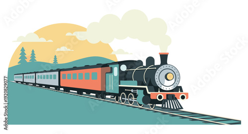 Classic Steam Train in Hills. Old steam locomotive traveling through hills and forest.