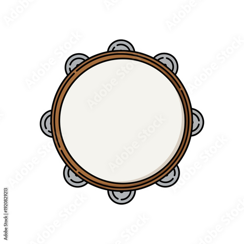 Hand drawn tambourine with jingles and wooden frame.