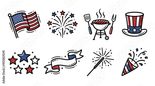 Patriotic Doodle Icons Set – Independence Day Celebration Symbols Vector