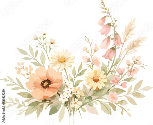 Boho Pastel Watercolor Floral Arrangement with Peach and Yellow Daisy Flowers. Elegant Botanical Vector Illustration Isolated on White Background for Wedding Invitations and Spring Cards