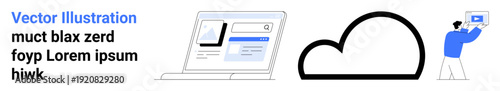 Laptop displaying web interface with a cloud icon and a user uploading data. Ideal for data management, technology, cloud computing, digital storage, user interface, file sharing, simple landing page