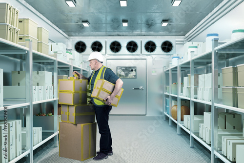 Billede på lærred Cold storage operations, warehouse worker stacking boxes inside refrigerated room, handling packaged goods in temperature-controlled facility for food or pharmaceutical storage