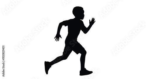 A young boy energetically running forward depicted as a silhouette