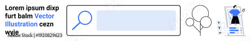 Web navigation, search tools, digital interfaces, online browsing, event promotion, user experience. Search bar with magnifying glass, balloons and person holding a document. Web navigation
