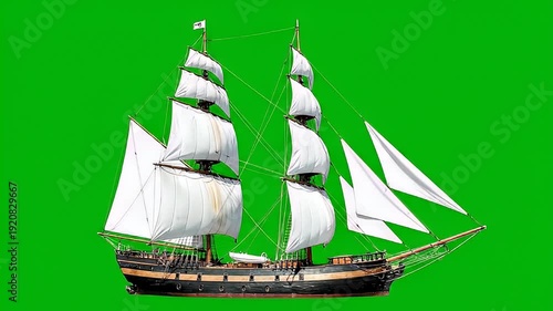 Historic Tall Ship with Full White Sails Isolated on Green Screen Background - Classic Sailing Vessel for Compositing and Graphic Design