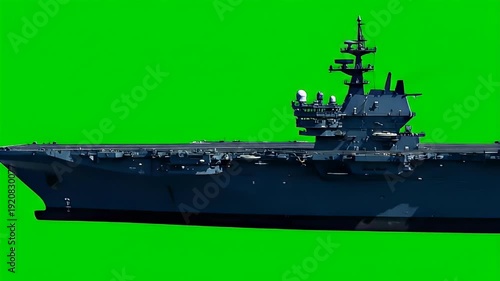 Large Military Warship or Aircraft Carrier Bow Front View Isolated on Green Screen Chroma Key for VFX and Compositing