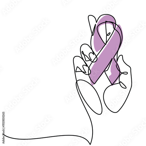 Hand holding ribbon breast cancer one line drawing. Hand holding ribbon breast cancer single line illustration. Hand holding ribbon breast cancer minimalist line art