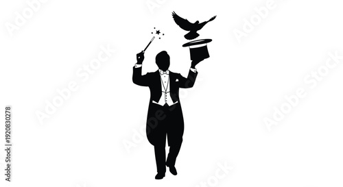 A magician performs a trick with a hat and bird silhouette