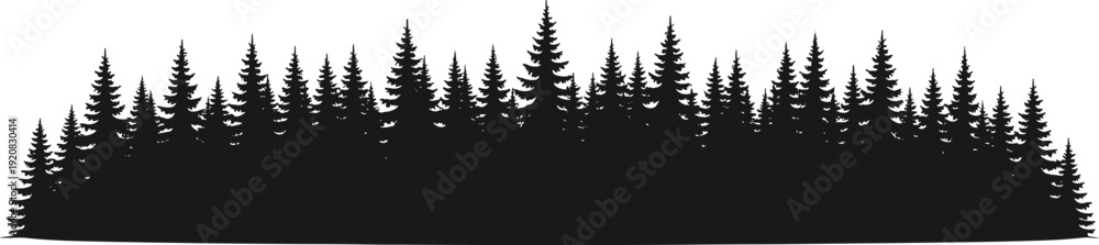 Fototapeta premium Forest silhouette vector illustration, pine tree graphics, conifer woodland drawing, black and white nature art - flat vector illustration