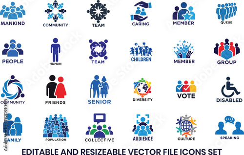 Set of vector icons representing people and community concepts in various styles and colors on transparent background