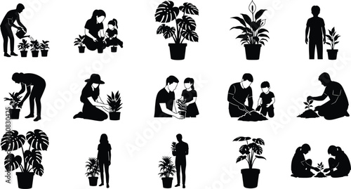 Gardening people silhouettes, plant care figures, family outdoor activity icons, environmental nature artwork, eco lifestyle graphics, black vector design, flat vector illustration