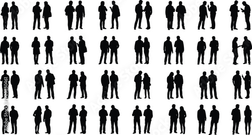 People conversation silhouettes, communication figures artwork, social interaction icons, dialogue posture graphics, human discussion design elements, black vector drawing, flat vector illustration