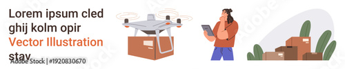 Online shopping, logistics, technology integration, delivery services, e-commerce, modern packaging. quadcopter delivering package, woman using tablet boxes. Logistics and technology integration