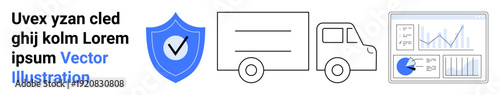 Shield with a checkmark, delivery truck, and analytics dashboard illustrating security, transportation, and performance analysis. Ideal for logistics, security, transportation, data analysis