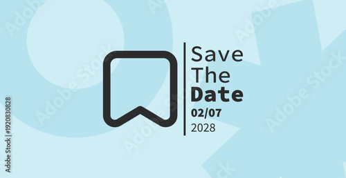 A modern "Save the Date" vector graphic featuring a bold bookmark icon and minimalist typography set against a dynamic abstract background