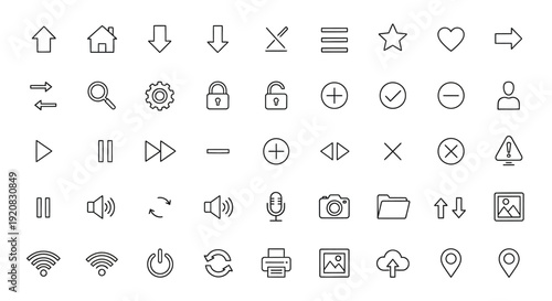 A flat design pictogram set of 50 universal symbols and icons for user interface elements, including navigation, communication, media controls, and business symbols, on a clean white