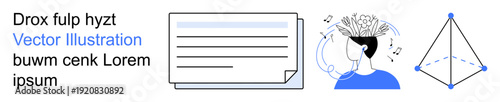 Communication, creativity, brainstorming, geometric analysis, abstract thinking, modern design. Visual includes text, a human head with ideas and a geometric shape. Communication and creativity