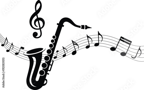 Music saxophone silhouette flat vector illustration musical notes melody jazz instrument sound design element icon branding print web ui poster