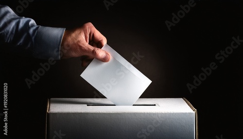 a hand casting a vote into a ballot box in dim light