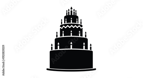 A tall tiered cake with lit candles a striking silhouette