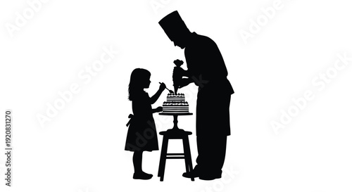 Father and daughter decorating a cake together black silhouette