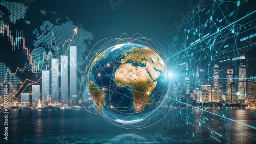 Realistic digital Earth surrounded by financial charts, glowing city skylines and data networks illustrating geoeconomic power, global trade and international market interdependence.