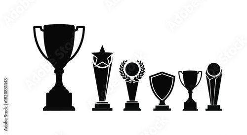 A row of various trophy and award shapes in black silhouette
