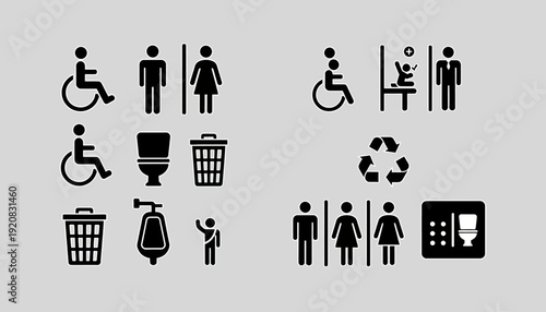 Set of black pictograms representing public facilities and accessibility.